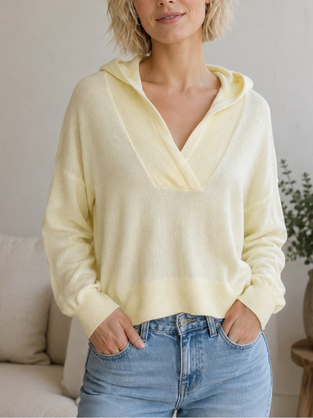 Kinross Cashmere Lightweight Hooded Yellow Top Size XS